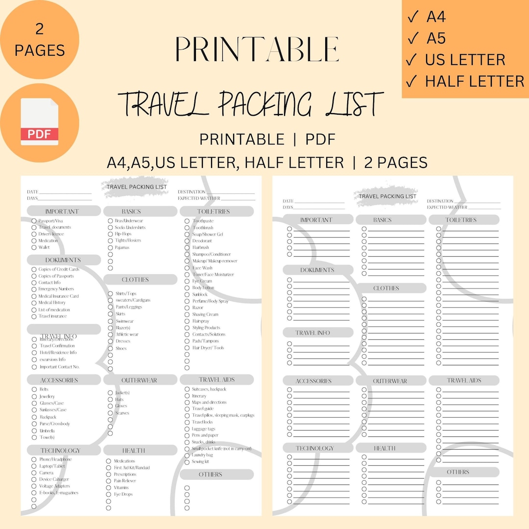 Travel Packing List Printable - Instant Download, Vacation Planning ...