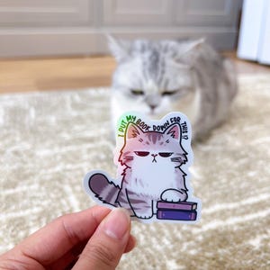 May include: A holographic sticker featuring a cartoon cat with a grumpy expression. The cat is holding a stack of books and the text "I put my book down for this?" is written around the cat.