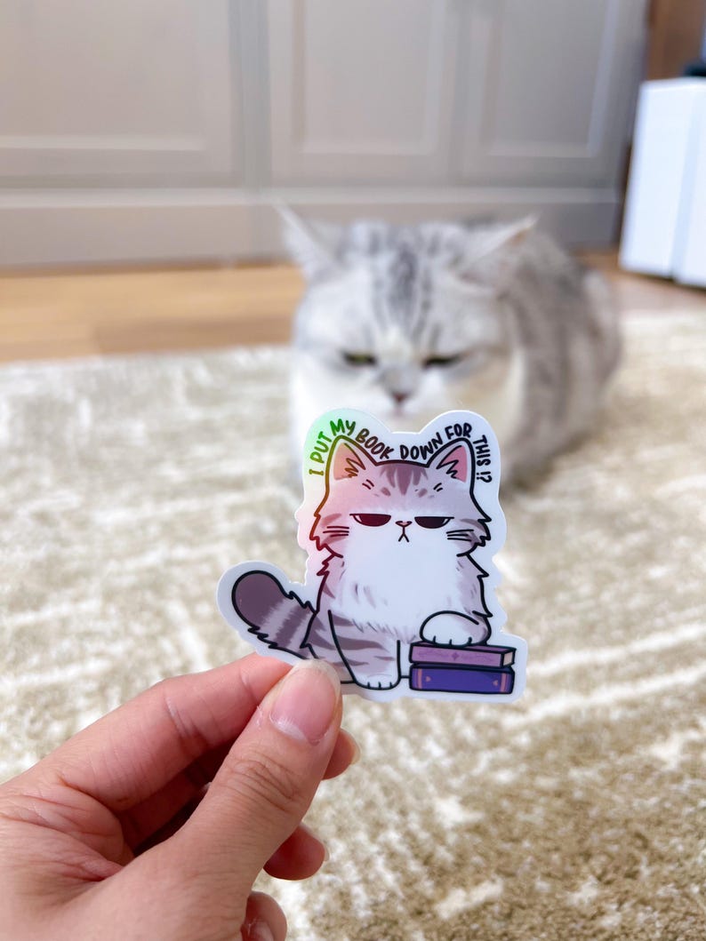 May include: A holographic sticker featuring a cartoon cat with a grumpy expression. The cat is holding a stack of books and the text "I put my book down for this?" is written around the cat.