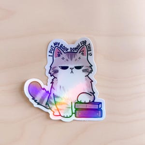 May include: A holographic sticker of a cartoon cat with a grumpy expression. The cat is sitting on top of two books and has a speech bubble above its head that says "I put my book down for this?"