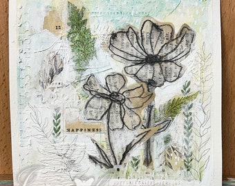 Original Mixed Media Collage Artwork 6x6 on Paper Modern Folk Art Summer Florals