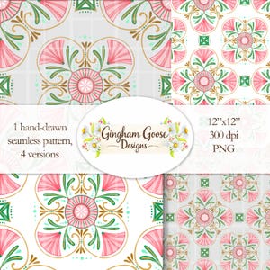May include: Four seamless pattern designs with a floral motif in pink, green, and gold on a white background. The patterns are hand-drawn and feature a repeating design. The image includes the text "Gingham Goose Designs" and "12"x12" 300 dpi PNG".