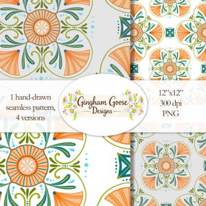 Pode incluir: Quatro versões de um padrão sem costura desenhado à mão com um design floral em laranja, verde-azulado e verde. O padrão mede 30,48 cm x 30,48 cm e é rotulado como 300 dpi PNG. O logotipo Gingham Goose Designs também é visível.