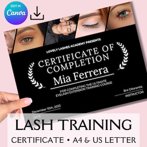 Certificato del corso Lashes Luxury, certificato Lash Tech, corso di formazione sull’estensione delle ciglia, certificato di completamento, modello di certificato di bellezza