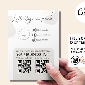 Vamos manter contato com a placa, modelo de placa de mídia social, placa de código QR, placa de negócios editável para impressão, deixe-nos uma avaliação, airbnb deve ter