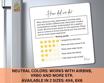 May include: A white card with black text and yellow stars. The text reads "How did we do?" and includes a rating guide with descriptions for each star rating. The card is on a silver refrigerator with a sticker that says "Yucca Creative Co."