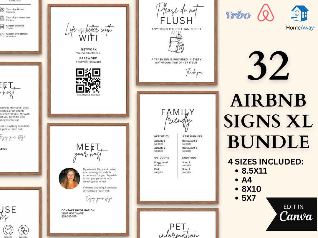 Airbnb Sign Bundle Template, Editable Airbnb, VRBO Signs, Wifi Sign ...