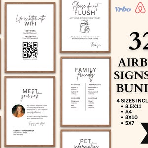 Szablon pakietu znaków Airbnb, edytowalny Airbnb, znaki VRBO, znak Wi-Fi, książka powitalna Airbnb, lista kontrolna, pakiet QR Airbnb, proste znaki