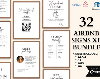 Airbnb Sign Bundle Template, Editable Airbnb, VRBO signs, Wifi Sign, Airbnb Welcome Book, Check out list, Airbnb QR bundle, Simple Signs
