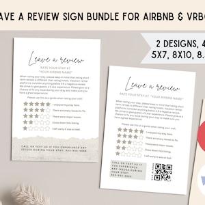 Leave us a review sign bundle, airbnb must have, Airbnb rating sign, 5-star review, QR code leave a review, laissez un Avis, review A4, VRBO