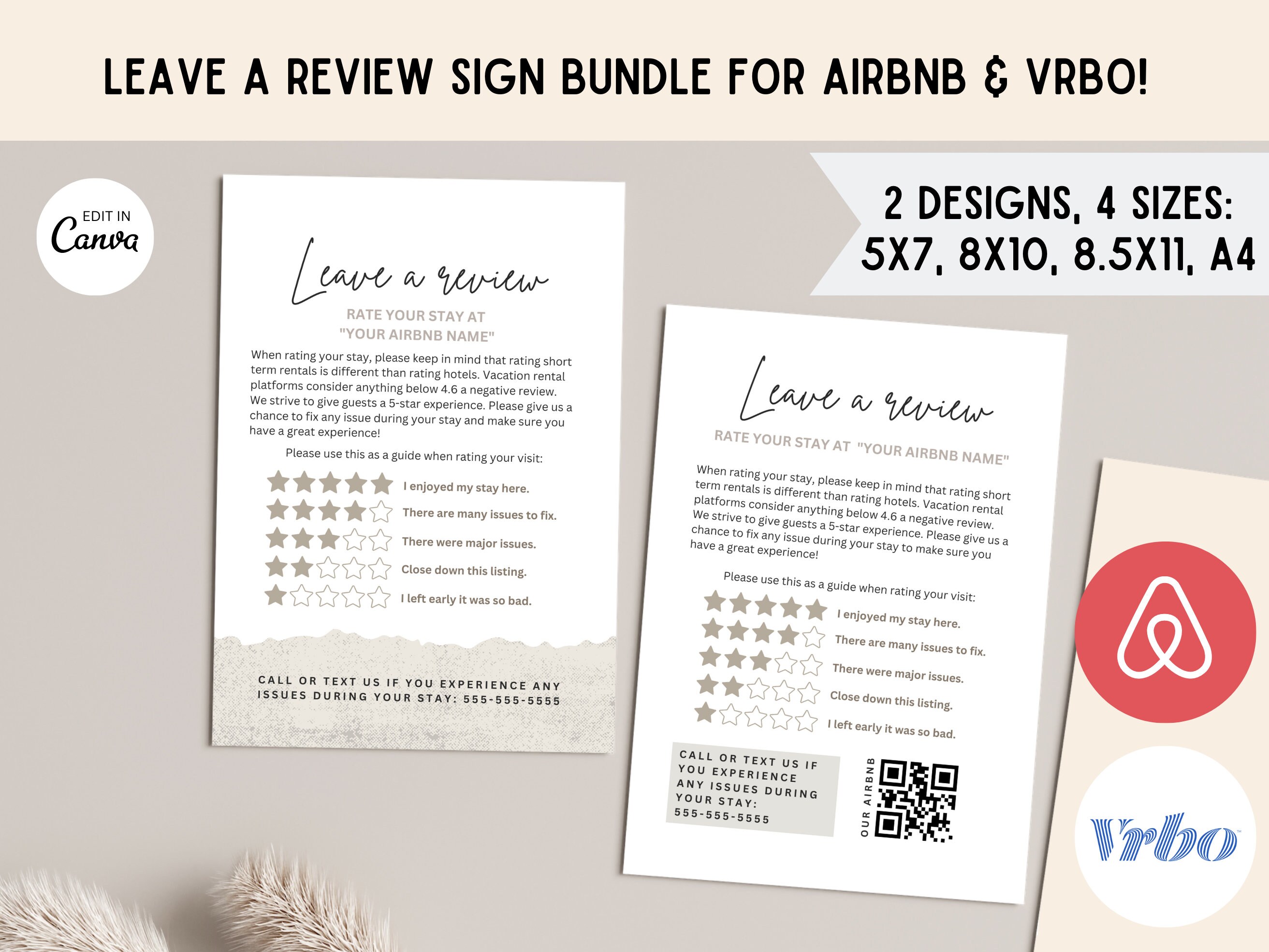 Leave us a review sign bundle, airbnb must have, Airbnb rating sign, 5-star review, QR code leave a review, laissez un Avis, review A4, VRBO