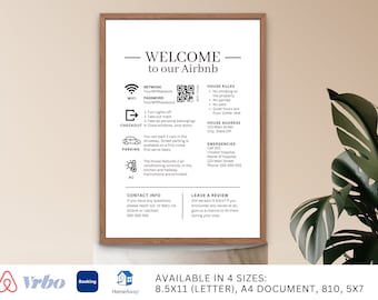Willkommens-Schild für Airbnb-Gastgeber, 1 Seite airbnb-willkommen, druckbare Ferienvermietung, Poster bei der Ankunft als Gast, Vorlage VRBO, Checkout-Regeln, Wi-Fi