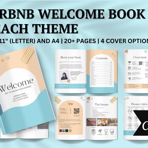 Plantilla de playa de libro de bienvenida de Airbnb, libro de visitas VRBO, tema de playa, libro de visitas de Air bnb, libro de visitas de Airbnb, alquiler de vacaciones en la playa, libro STR