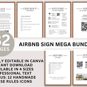May include: A digital product bundle for Airbnb hosts. The bundle includes 32 pages of printable signs for guests, including a welcome sign, a checkout checklist, a wifi sign, a leave a review sign, and a before you go checklist. The signs are fully editable in Canva and available in four sizes. The bundle also includes 12 handmade house rules icons.
