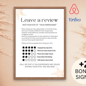 Airbnb rating sign, Air bnb 5 star review, Airbnb review sign printable, Airbnb star rating, VRBO review sign, Airbnb host templates, 5 star