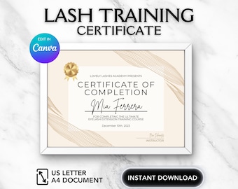 Certificato del corso Elegant Lashes, Certificato Lash Tech, Formazione sull'estensione delle ciglia, Certificato di completamento, Modello di certificato di bellezza
