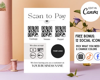 Scan To Pay Sign, Editable QR Code Sign, Scan to Pay Template, QR code sign, Printable Payment Sign, Paypal, Venmo, CashApp, business sign