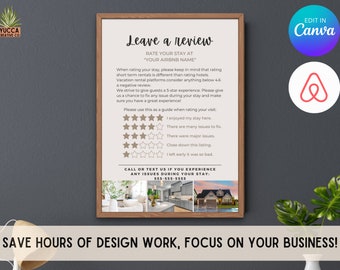Leave us a review sign, airbnb must have, Airbnb rating sign, 5-star review, airbnb review template, laissez un Avis, airbnb Bewertung