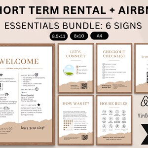 May include: A set of six printable signs for short-term rentals and Airbnbs. The signs are in a minimalist style with brown and white accents. The signs include: Welcome, Let's Connect, Checkout Checklist, Wifi is on the House, How Was It?, and House Rules. The signs are designed to be printed on 8.5x11, 8x10, or A4 paper.