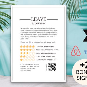 Airbnb rating sign, Air bnb 5 star review, Airbnb review sign printable, Airbnb star rating, VRBO review sign, Airbnb host templates, 5 star