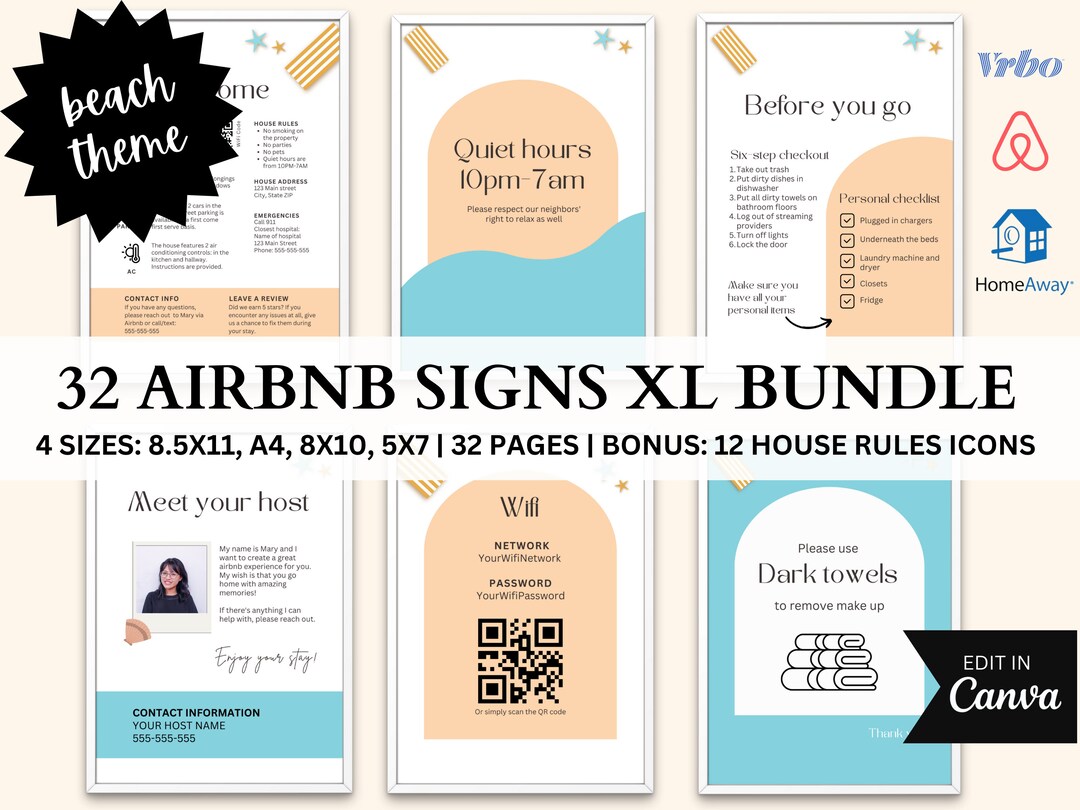 Airbnb Sign Bundle Template, Beach Rental, Airbnb Welcome Sign, Wifi ...