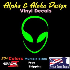 May include: Green alien head vinyl decal. 20+ colors and multiple sizes available. Free shipping. Veteran owned business.