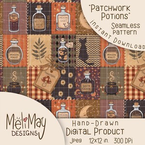 Patchwork Potions Seamless Pattern | Vintage Apothecary | Potion Bottles  | Witchy Halloween printable digital Paper