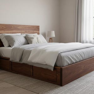Solid Walnut Platform Bed with Storage | Contemporary Handmade Wood Frame