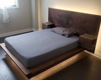 Floating Queen Custom Walnut Bed with Side Shelves, LED Accents and a Custom Engraved Headboard