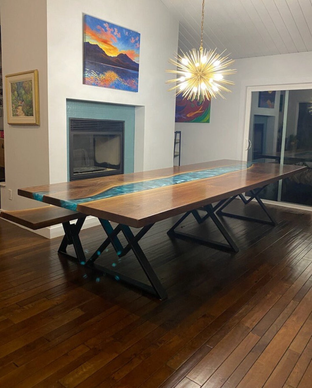 12' Foot Walnut Table With a Beautiful Aqua River & Diamond Metal Legs ...