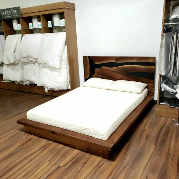 Japanese Style Walnut Bed in Queen With Custom Black Epoxy
