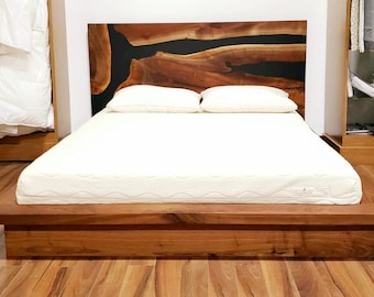 Japanese Style Walnut Bed in Queen with Custom Black Epoxy Headboard