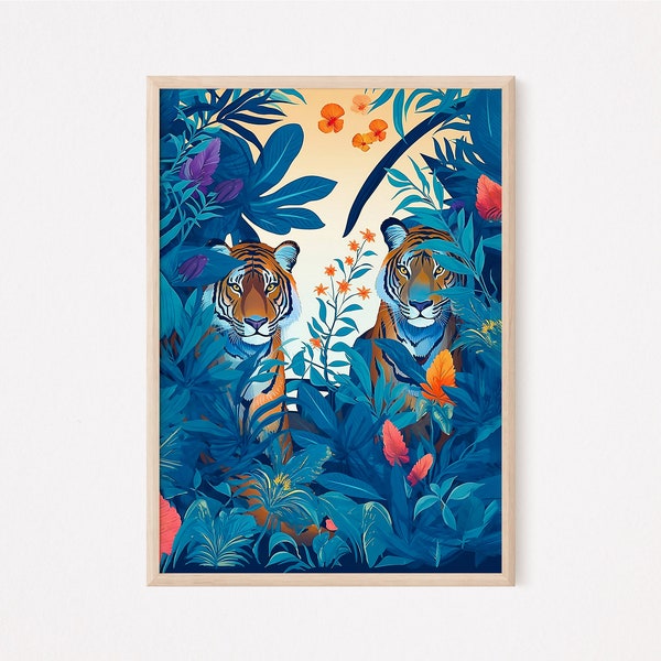 Dschungel, Tiger, Poster, Tropisch, Wandkunst, Indigo Blau, Honig Gelb, Wandbild, Download, Tierdruck, Digital JPG, Wall Art, Print, Boho