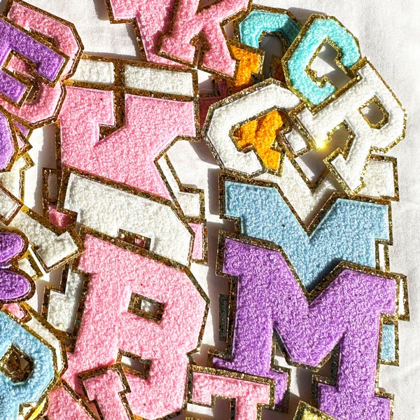 Chenille Letter Patch 2.5 inch Iron On Varsity Patch Letter Small Embroidered Patch DIY Dupe For Cosmetic Nylon Bag Pouch Gold Glitter Trim