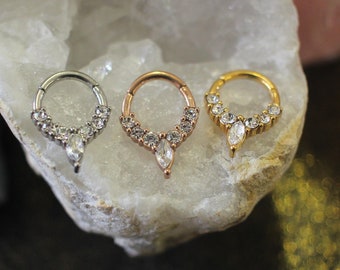 NANCY • 8mm Hinged Clicker Ring • 316L Surgical Steel • Front Facing Crystals • 1.2mm • Gold, Rose Gold or Silver • Cartilage, Septum etc.