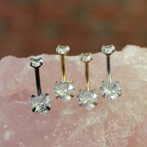 HAILEY • Love Heart Navel Bar • Double Crystal Belly Button Jewellery • 316L Surgical Steel • Cubic Zirconia • 1.6 x 10mm