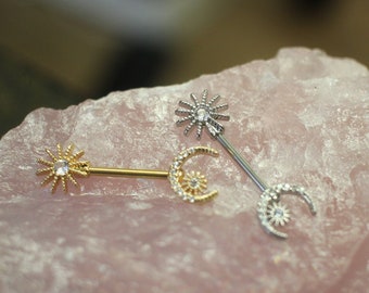 ASTRID • 14mm x 1.6mm • Sun and Moon Nipple Bar • Cubic Zirconia Paved • 316L Surgical Steel • Sunbeam • Star • Celestial Theme