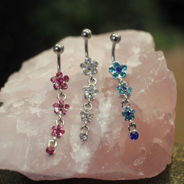 POSEY • Triple Flower Dangle Navel Bar • 316L Surgical Steel • Belly Bar with Triple Flower Crystal • Clear, Pink, Blue • Cubic Zirconia