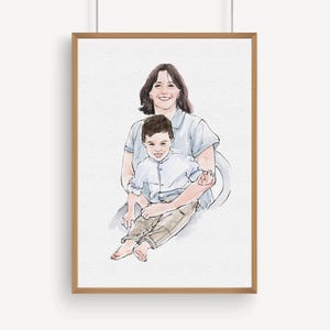 Aangepaste aquarel portrettekening, gepersonaliseerd familiecadeau voor moeder, 1e Moederdag, cadeau van dochter, cadeau voor oppas