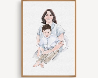 Custom Watercolor Portrait drawing, Personalised Family gift for Mum, 1st Mothers Day, Gift from Daugther, Gift for Nan Nana