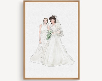 Retrato personalizado de la novia y su madre, dibujo a la acuarela de madre e hija, regalo de boda para la madre de la novia, retrato artístico de la madre de la novia