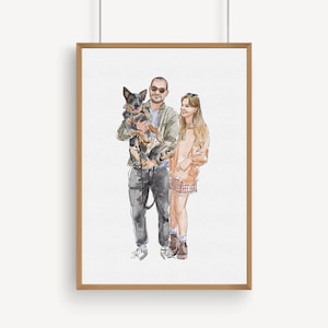 Personalised Couple Portrait with Pet, Watercolor Portrait with Pet, Owner and Pet Drawing from Photo, Anniversary Gift, Couple And Pet