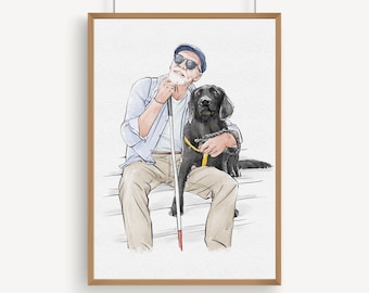 Personalised Portrait with Pet, Watercolor Portrait with Pet, Pet family Drawing from Photo, Owner and Pet Drawing from Photo