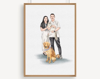 Personalised Couple Portrait with Pet, Watercolor Portrait with Pet, Owner and Pet Drawing from Photo, Anniversary Gift, Couple And Pet