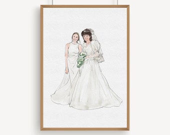 Custom Bride and Mother Portrait, Mother and Daughter Watercolor Drawing, Mother of Bride wedding gift, Portrait art mother of bride