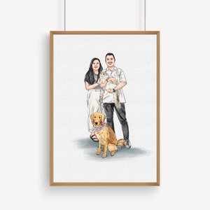 Personalised Couple Portrait with Pet, Watercolor Portrait with Pet, Owner and Pet Drawing from Photo, Anniversary Gift, Couple And Pet