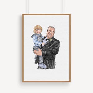 K&ouml;nnte beinhalten: Aquarellportr&auml;t eines Mannes in einem schwarzen Smoking, der ein kleines Kind h&auml;lt. Das Kind tr&auml;gt ein blaues Hemd und eine Weste. Beide tragen eine Brille. Das Portr&auml;t ist in einem hellbraunen Holzrahmen gerahmt.