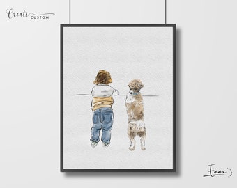 Family Watercolor Portrait with pets, Custom Dog Owner Painting from Photo, Dog Remembrance Gift Portrait, Nursery Decor