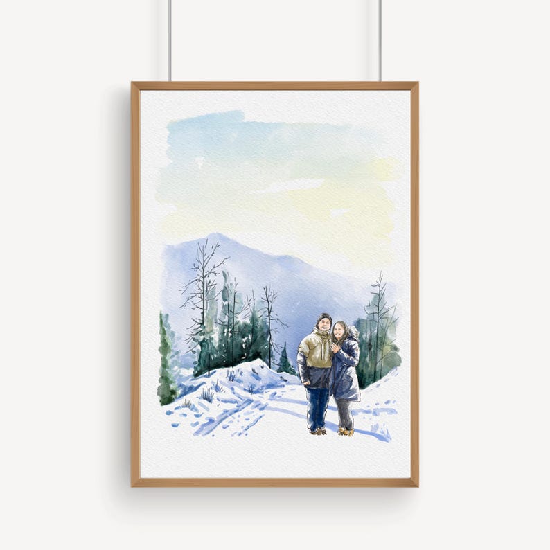 K&ouml;nnte beinhalten: Aquarellmalerei eines Paares in Winterkleidung, das auf einem schneebedeckten Pfad mit einem Berg im Hintergrund steht. Das Kunstwerk ist in einem hellbraunen Holzrahmen gerahmt und schafft eine ruhige und nat&uuml;rliche &Auml;sthetik.