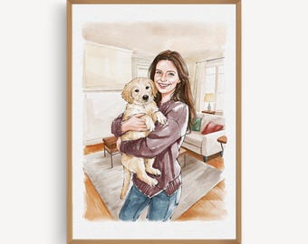 Personalised Portrait with Pet, Watercolor Portrait with Pet, Pet family Drawing from Photo, Owner and Pet Drawing from Photo